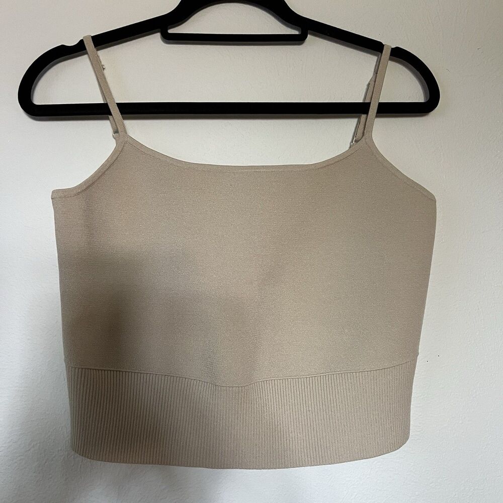 Express Womens Crop Top beige cream minimalist rib fine‎ thick knit tank Size L